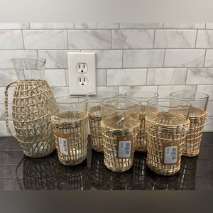 Set of 6 Seagrass Wicker Wrapped 16oz Pint Glasses and Matching Pitcher